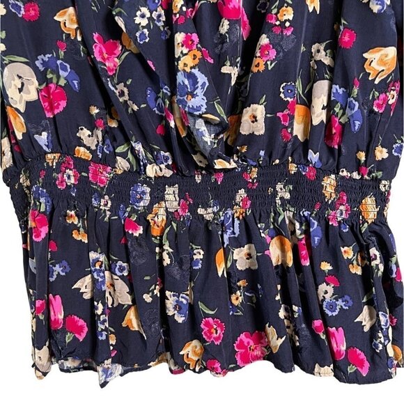 Lauren Ralph Lauren Navy Floral Women's Size Large V-Neck Ruffle Top - Picture 4 of 11